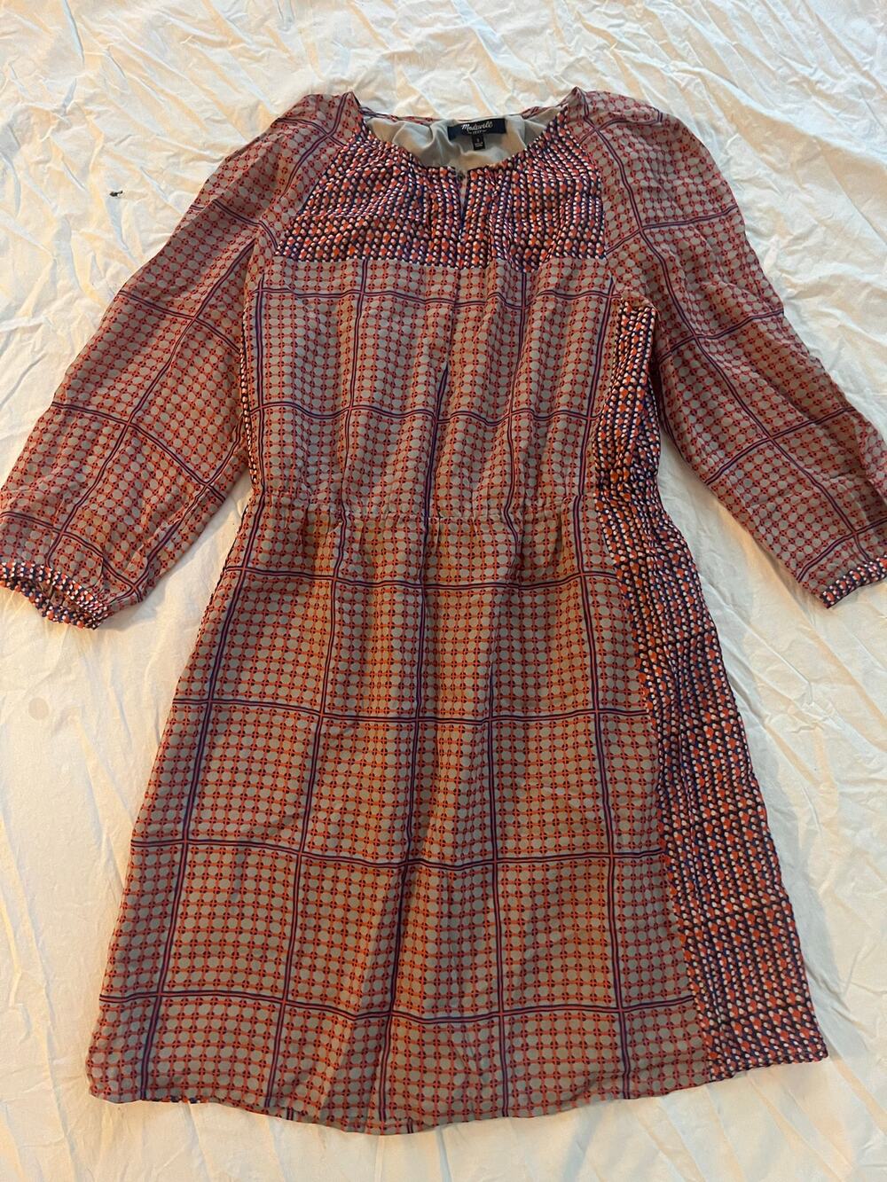 Madewell 100% Silk "Retrogrid" McKenzie Peasant Mini Dress Plaid Size 2